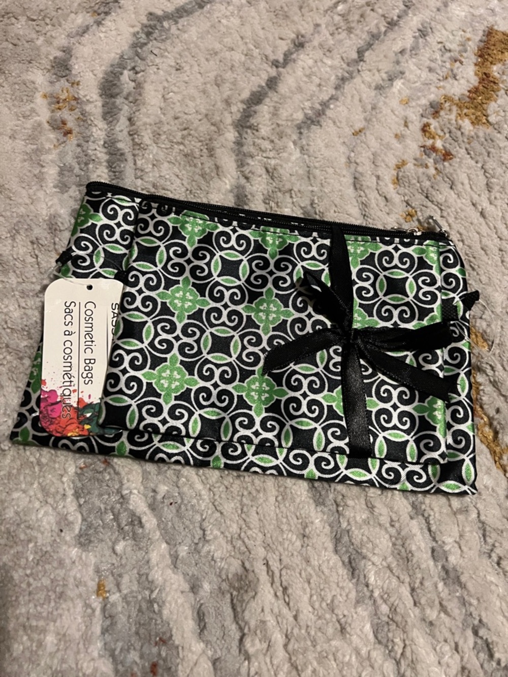 Stylish Green & Black Geometric Cosmetic Bags with Ribbon